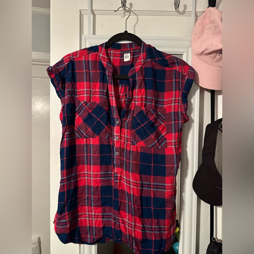 Gap Red Navy Plaid V neck Baggy Rolled Sleeves Flannel Shirt Top Women Small New